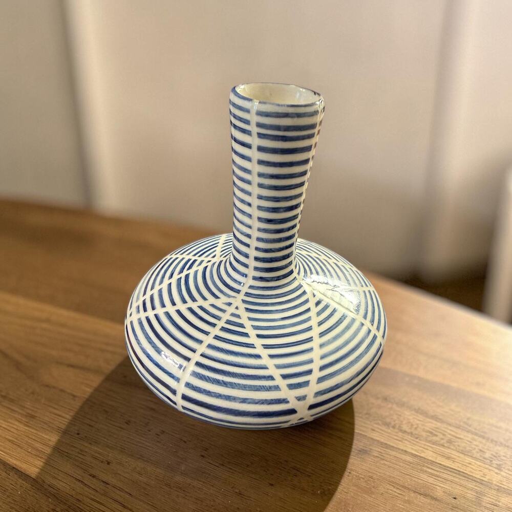 Vintage Blue & White Striped Design Ceramic Bud Vase 5” 3847/66